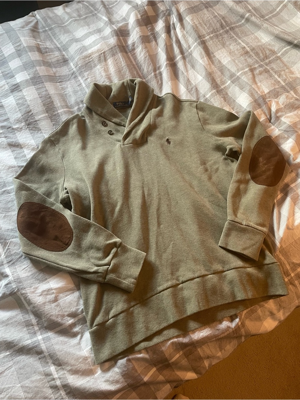 Men's polo Olive Green Shawl Collar Sweater with Elbow Patches